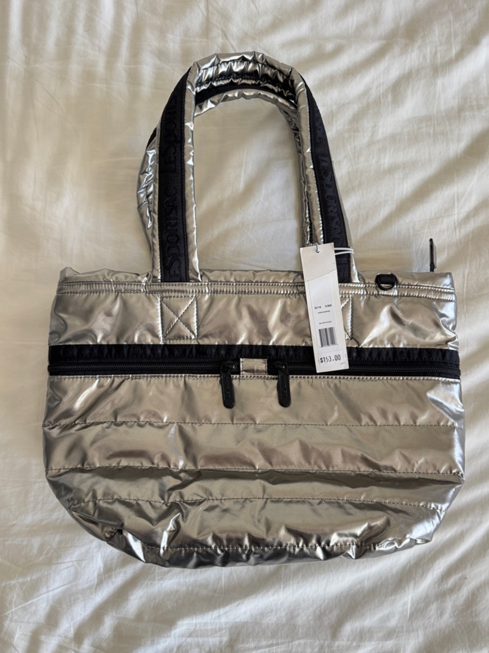 LeSportSac Patent Silver Puffy Quilted Carlin Shopper Bag Rare NWT Futuristic